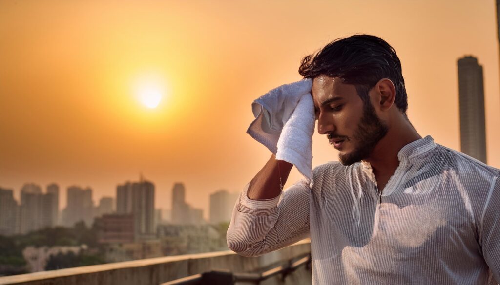 a man sweating under sun urban heat remedy Miyawaki forest